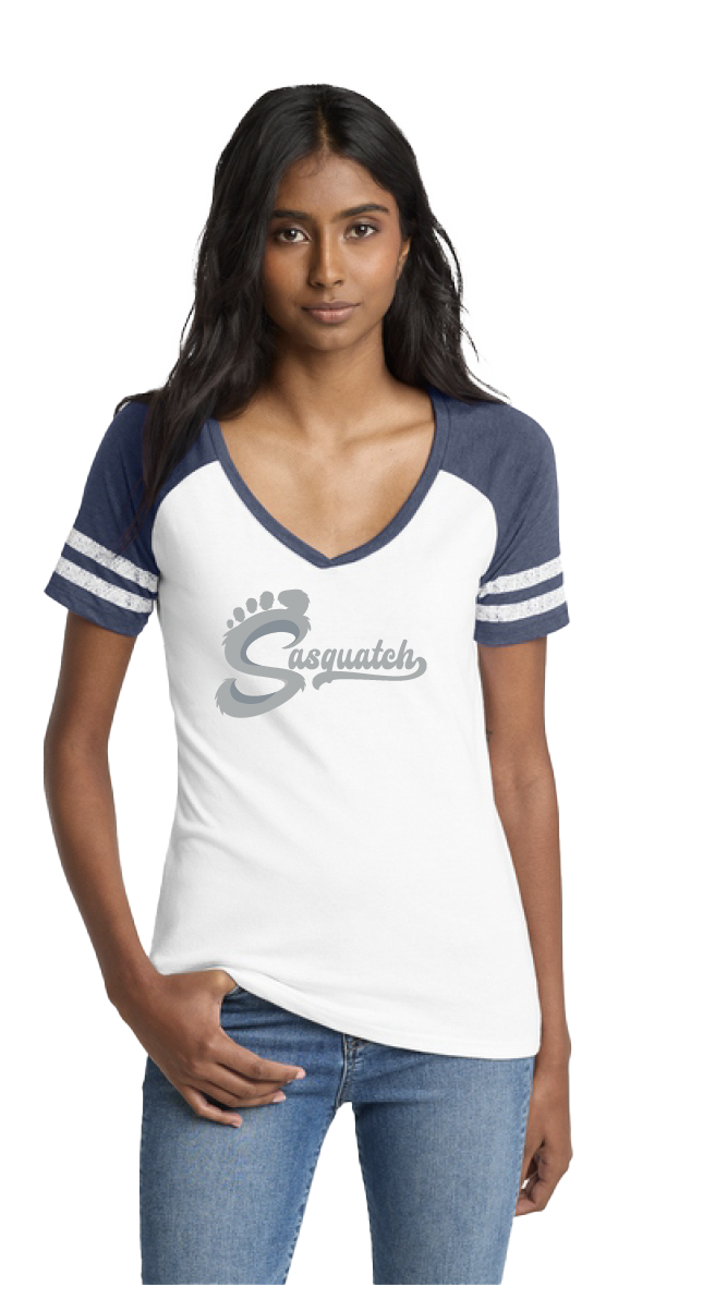 Sasquatch Women's V-Neck Striped Tee - White/Navy