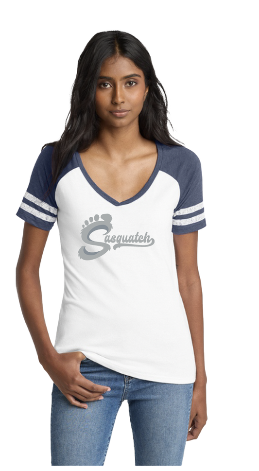 Sasquatch Women's V-Neck Striped Tee - White/Navy